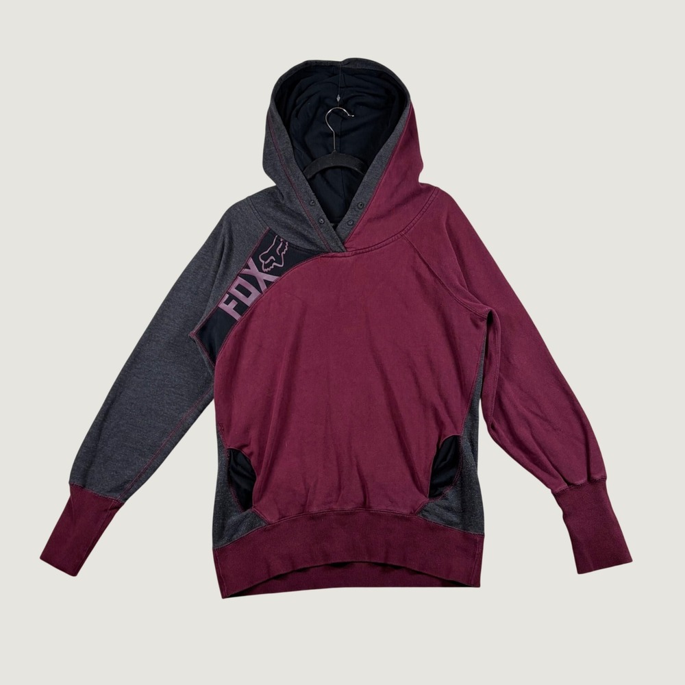 Fox Racing Hoodie Women Colorblock Logo Sweatshirt L Burgundy Gray Motocross BMX